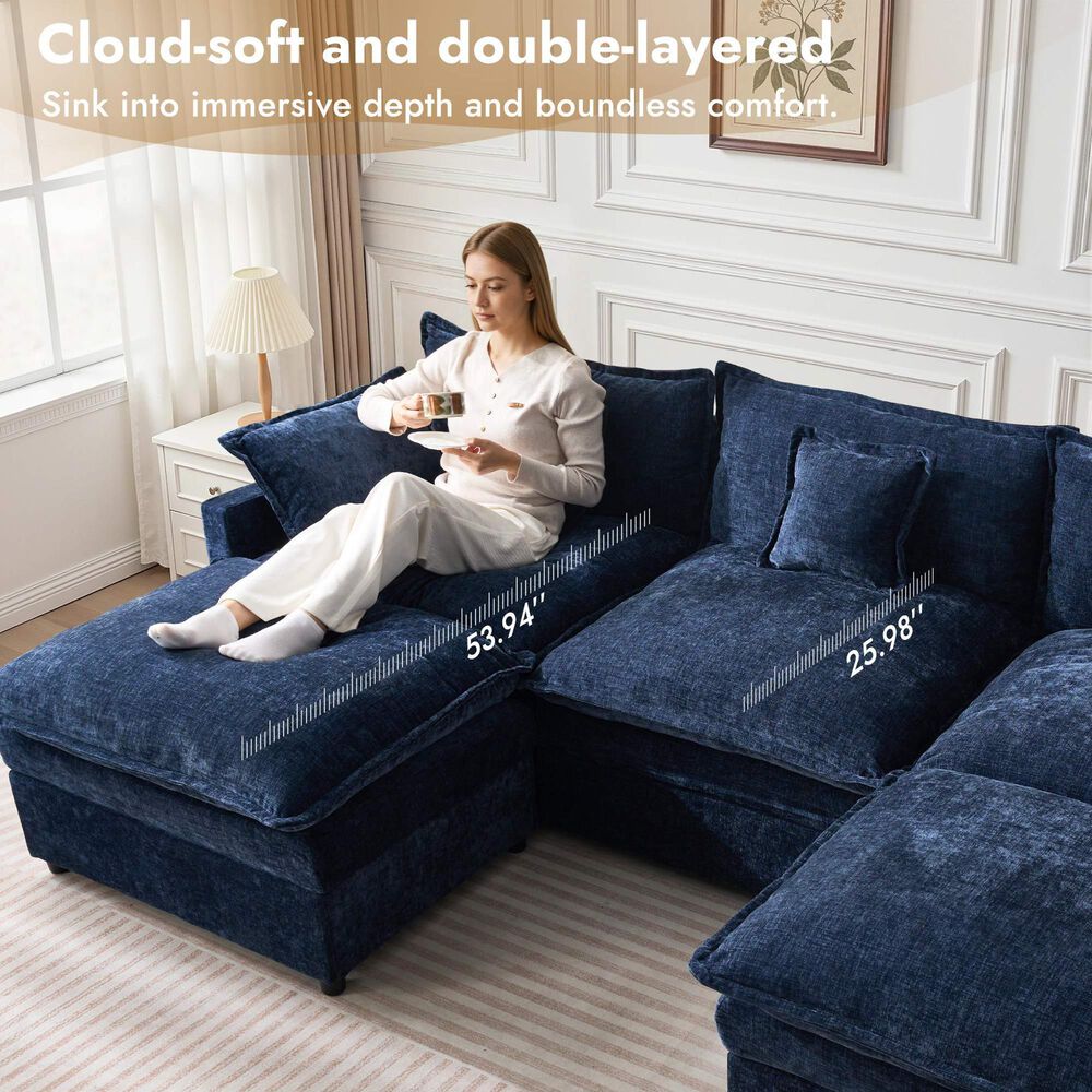 HOMLUX 107.87" Ultra-Comfort Chenille Sectional Sofa Set in Dark Blue, , large