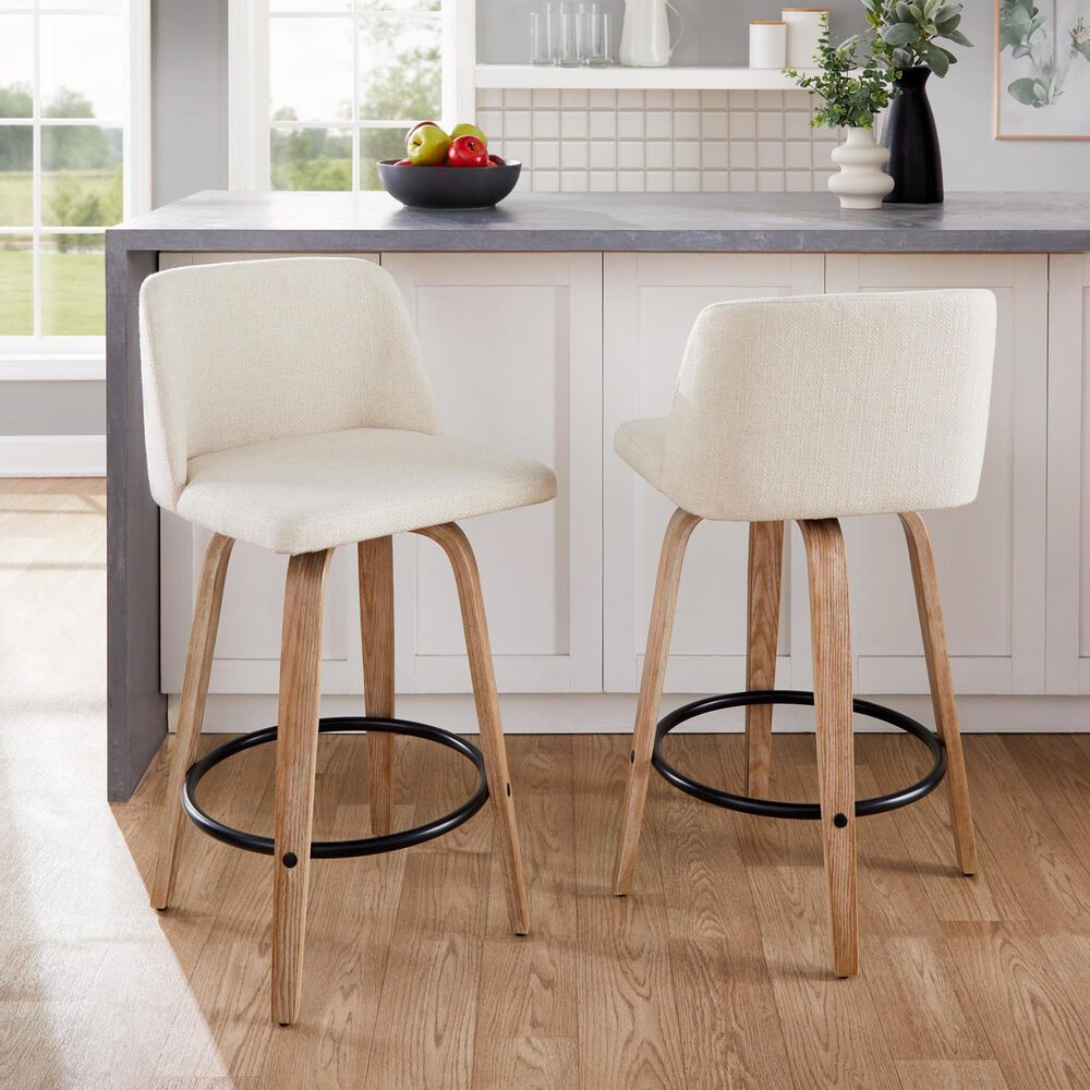 LumiSource Toriano Swivel Counter Stool with Cream Noise Fabric Upholstery in Whitewashed and Black (Set of 2), , large