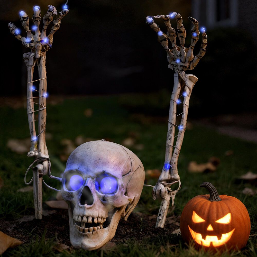 The Gerson Company 3-Piece Lighted Skull and Skeleton Hands in White, , large