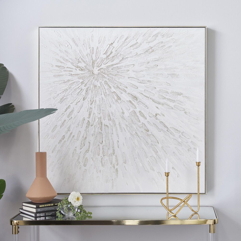 Maple and Jade 39&quot; x 39&quot; Canvas Starburst Abstract Metallic Framed Wall Art with Silver Framed in White, , large