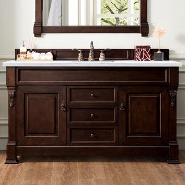 James Martin Brookfield 60" Single Bathroom Vanity in Burnished Mahogany with 3 cm Arctic Fall Solid Surface Top and Rectangle Sink, , large