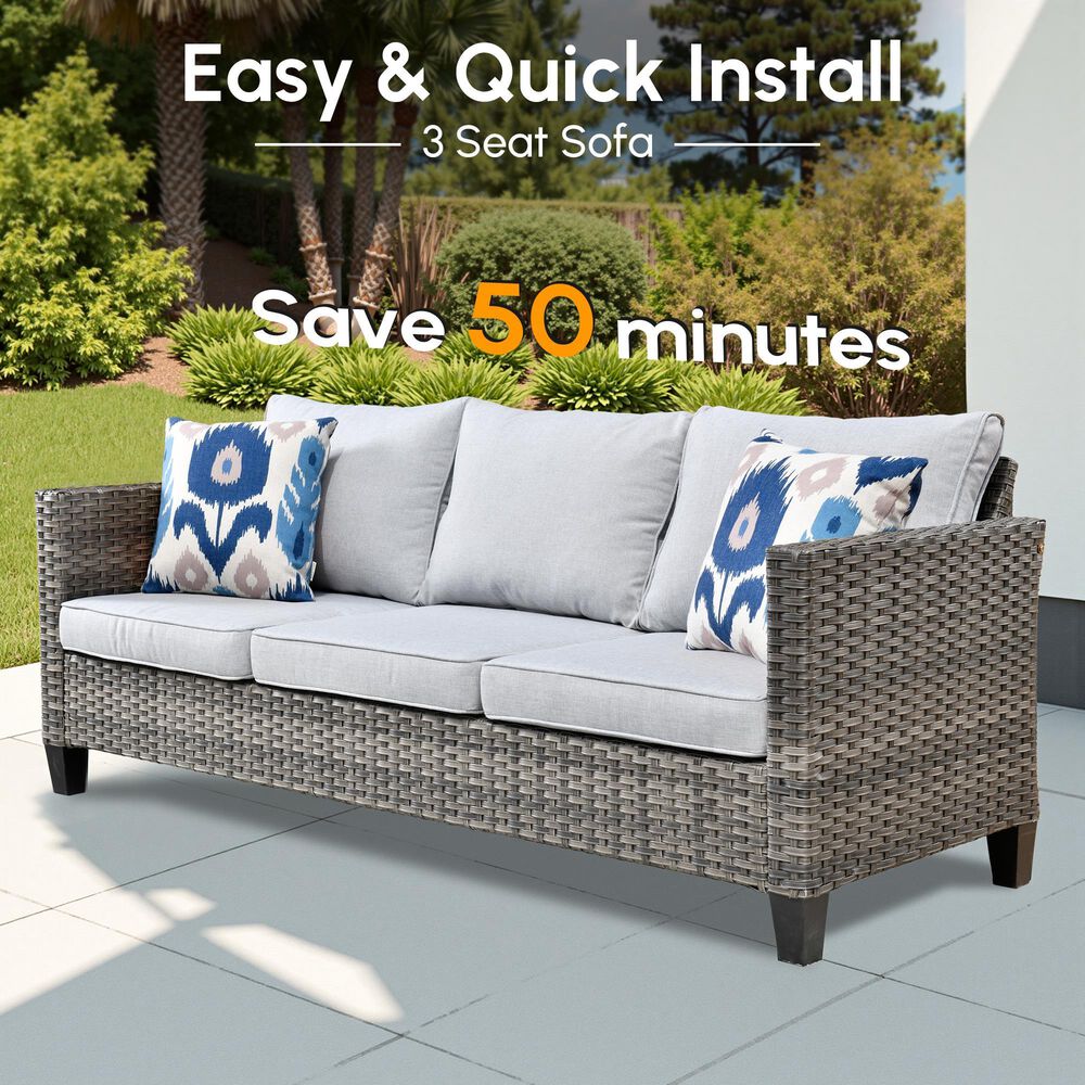 HOMLUX 3-Piece 77" Patio Sofa and Ottoman Set in Grey, , large