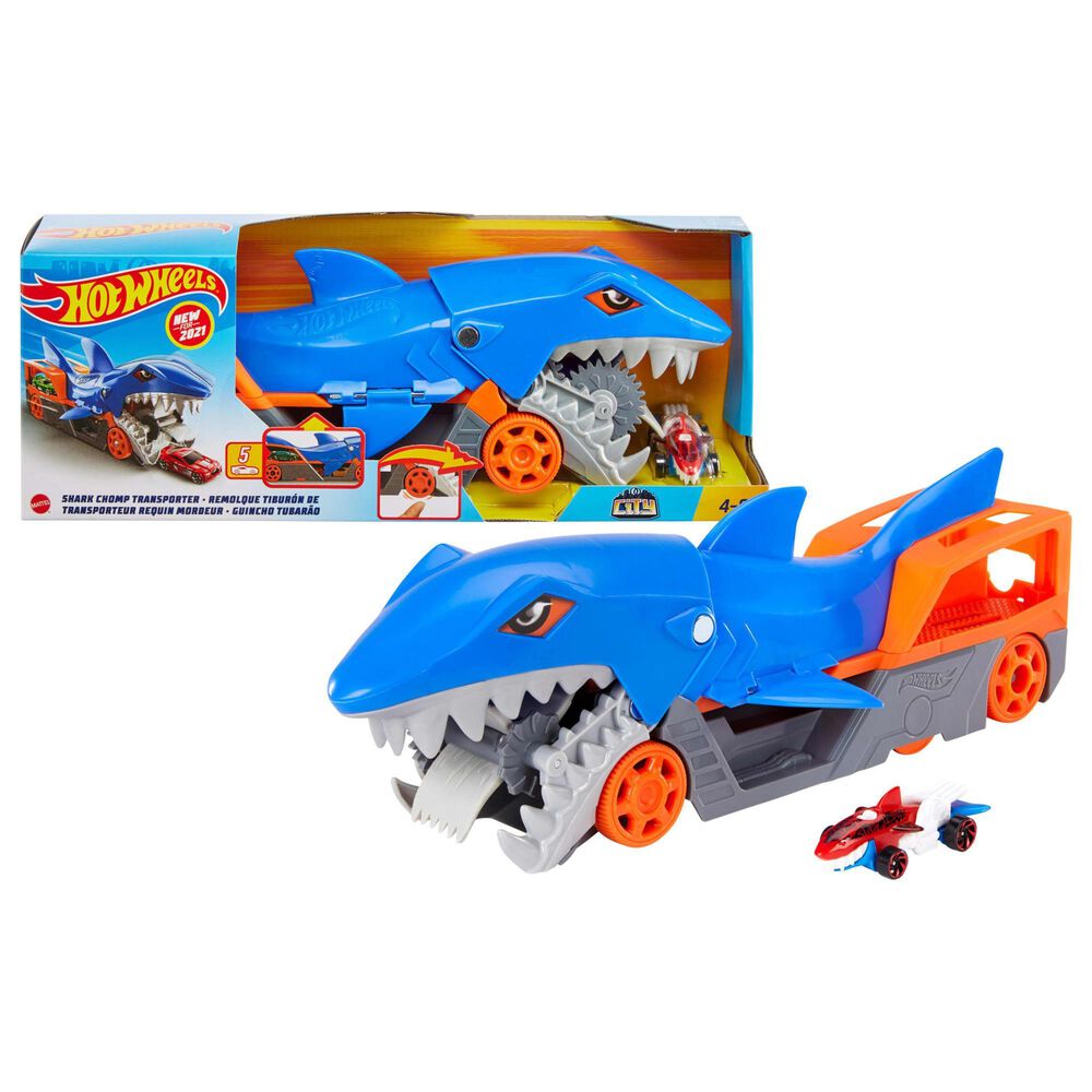 Hot Wheels Shark Chomp Transporter with 1:64 Scale Car in Blue, , large