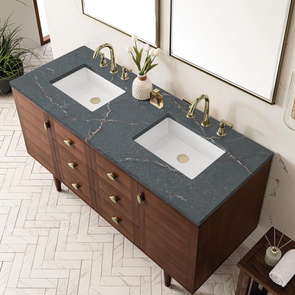 James Martin Vanities Amberly 60&quot; Double Bathroom Vanity in Mid-Century Walnut with 3 cm Parisien Bleu Quartz Top and Rectangular Sinks, , large