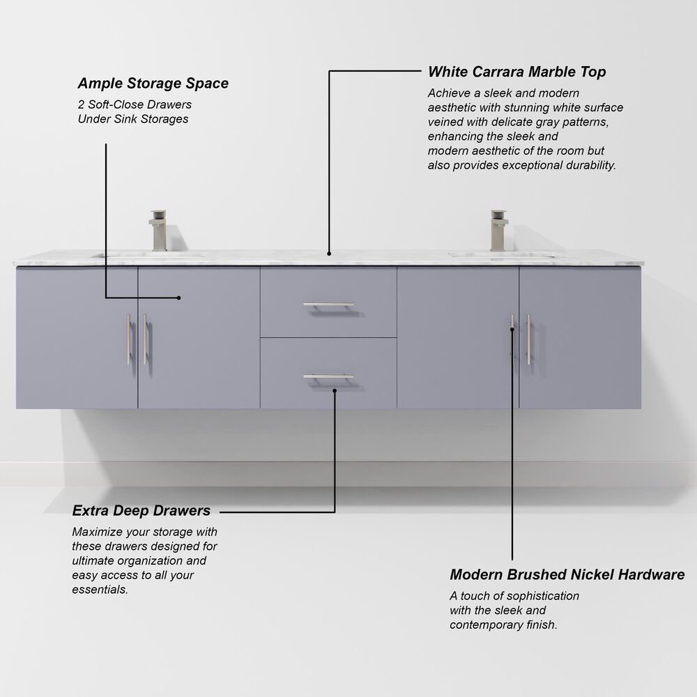 Lexora Home Geneva 80&quot; Double Bathroom Vanity in Dark Grey with 2 cm White Carrara Marble Top and Rectangular Sinks, , large