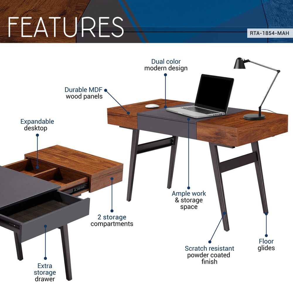 Rta Products Llc Expandable Writing Desk in Antique Mahogany and Grey, , large
