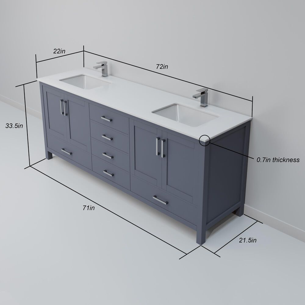 Lexora Home Jacques 72" Double Bathroom Vanity in Dark Grey with 2 cm White Cultured Marble Top and Rectangular Sinks, , large