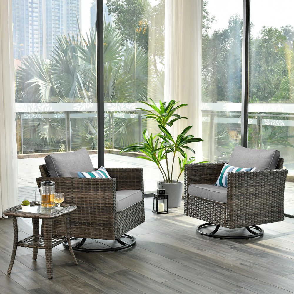 HOMLUX 3-Piece Patio Conversation Set with Square-Arm Swivel Rocking Chairs in Dark Gray, , large