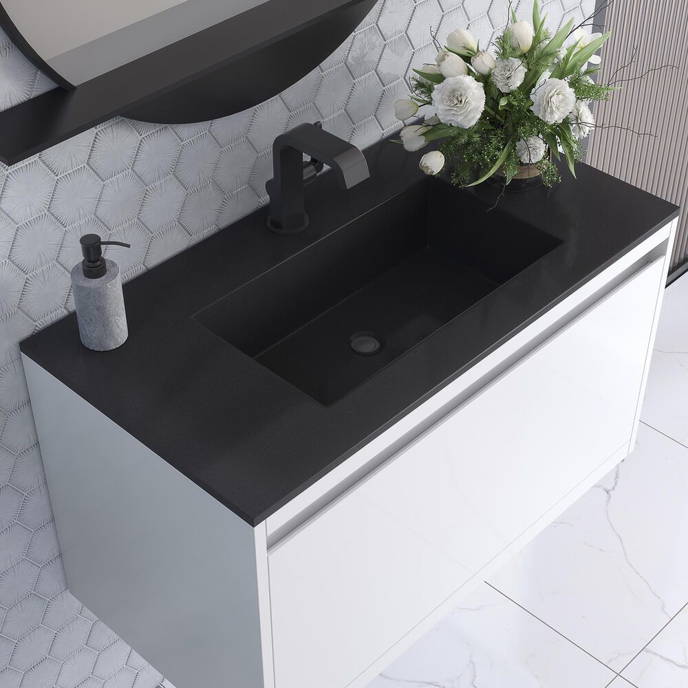 James Martin Mantova 35.4&quot; Single Bathroom Vanity in Glossy White and Matte Black with 2 cm Charcoal Black Resin Countertop and Rectangular Sink, , large