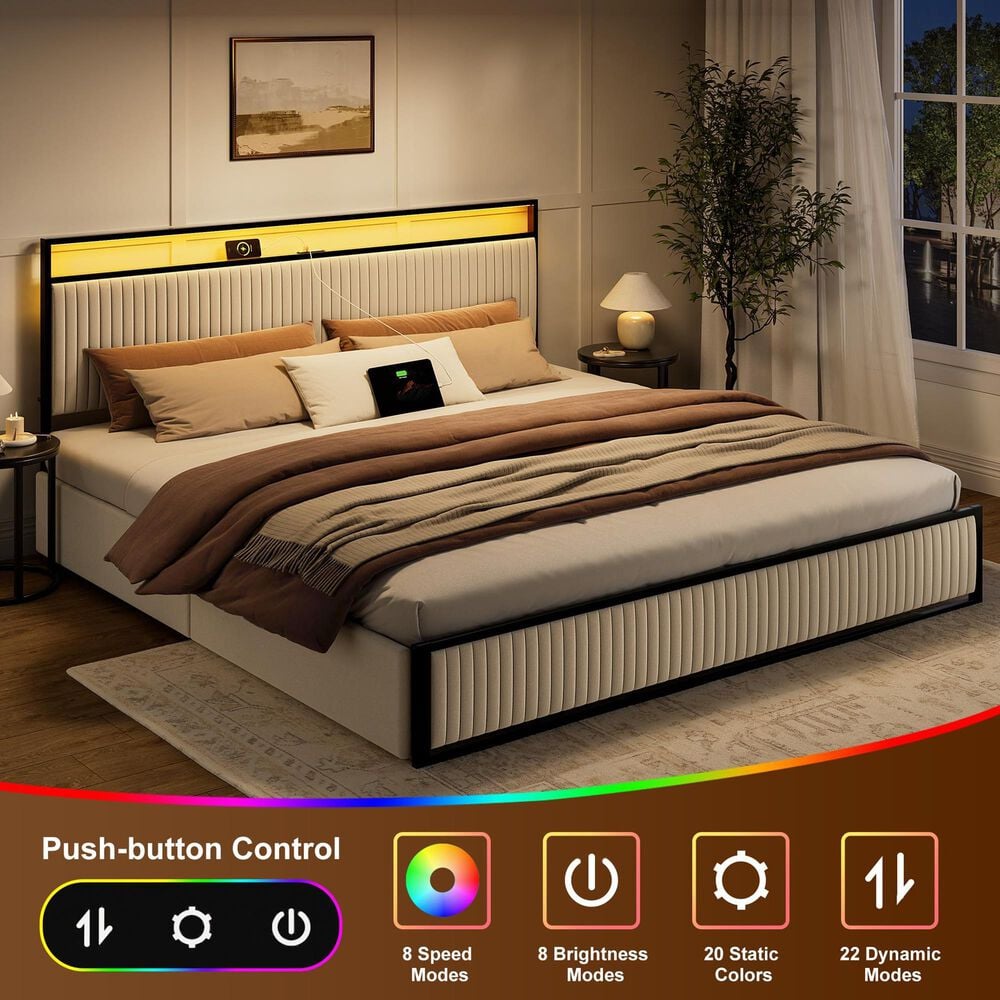 HOMLUX King 2-Drawer  Storage Bed with LED Headboard and USB Ports in Beige, , large