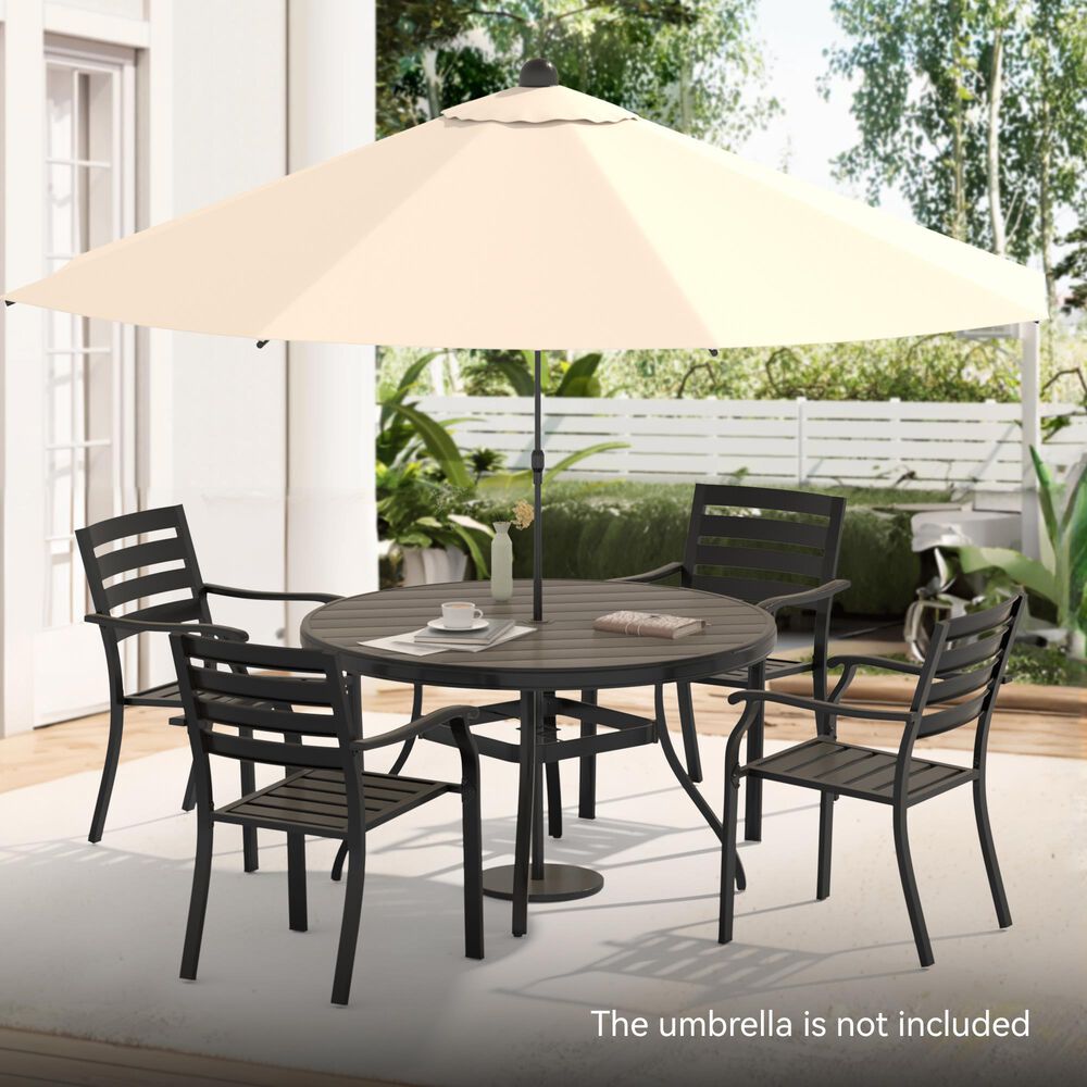 Hearth and Haven 5-Piece Outdoor Metal Dining Set with Stackable Chairs and Round Slatted Table in Black, , large