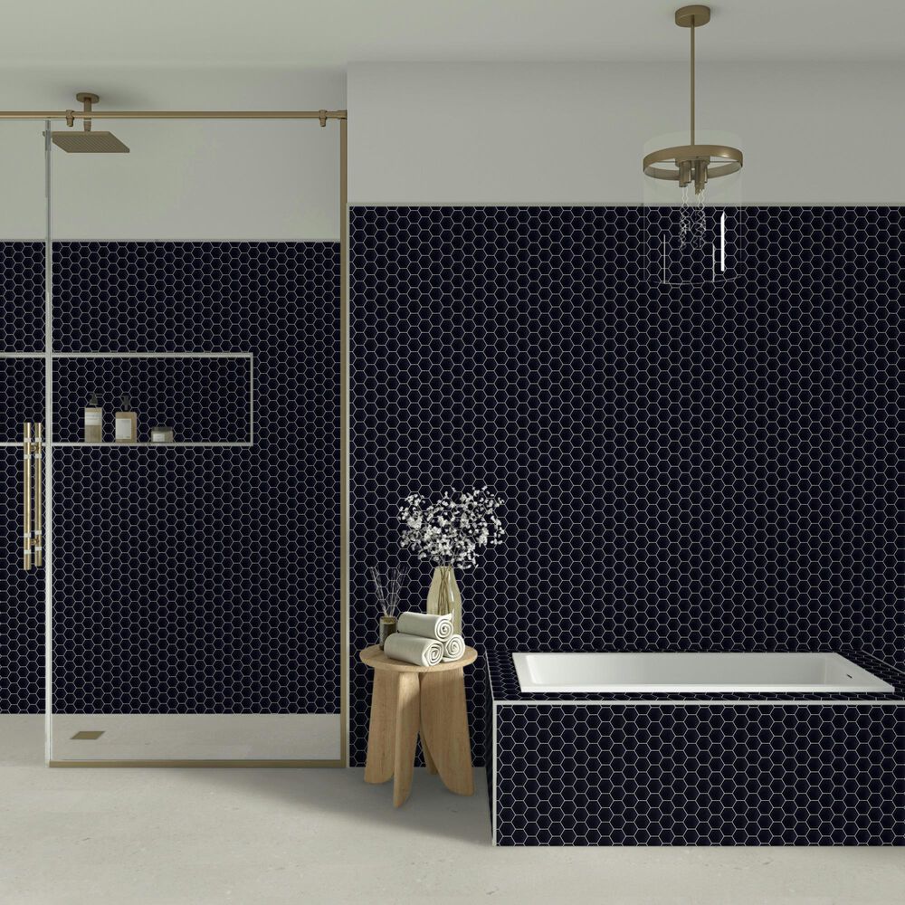 Dal-Tile Artefino Jewel Obsidian 2.5" Framed Hexagon on 12" x 14" Porcelain Mosaic Sheet, , large