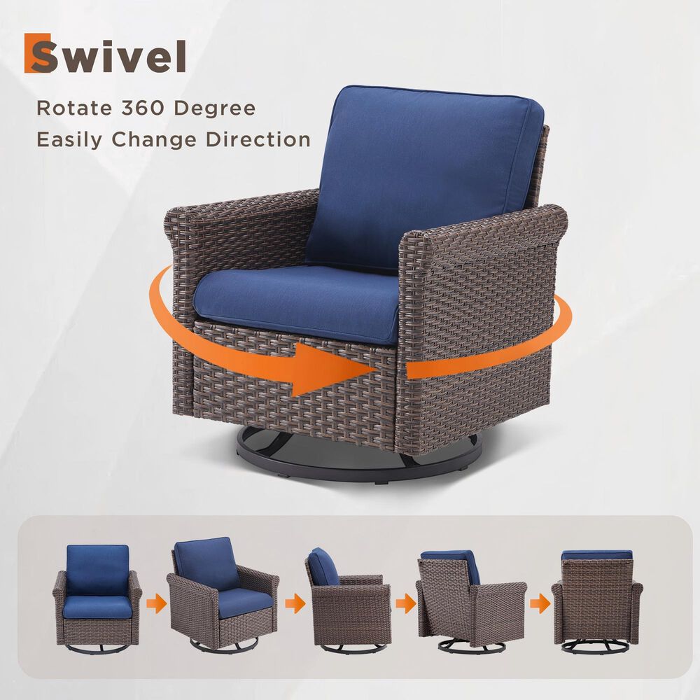 Sunwell Garden Patio Swivel Glider Chair with Brown Frame and Rolled Armrests in Navy (Set of 2), , large