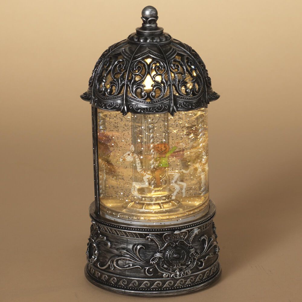The Gerson Company Lighted Spinning Water Globe Lantern with Rotating Halloween Figurines in Gray, , large