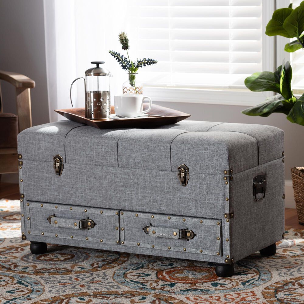 Baxton Studio Flynn 2-Drawer Storage Trunk Ottoman in Grey, , large