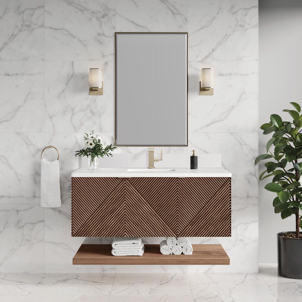 James Martin Vanities Marcello 48" Wall Mounted Single Bathroom Vanity in Chestnut with Single Hole 3 cm White Zeus Quartz Top and Rectangular Sink, , large
