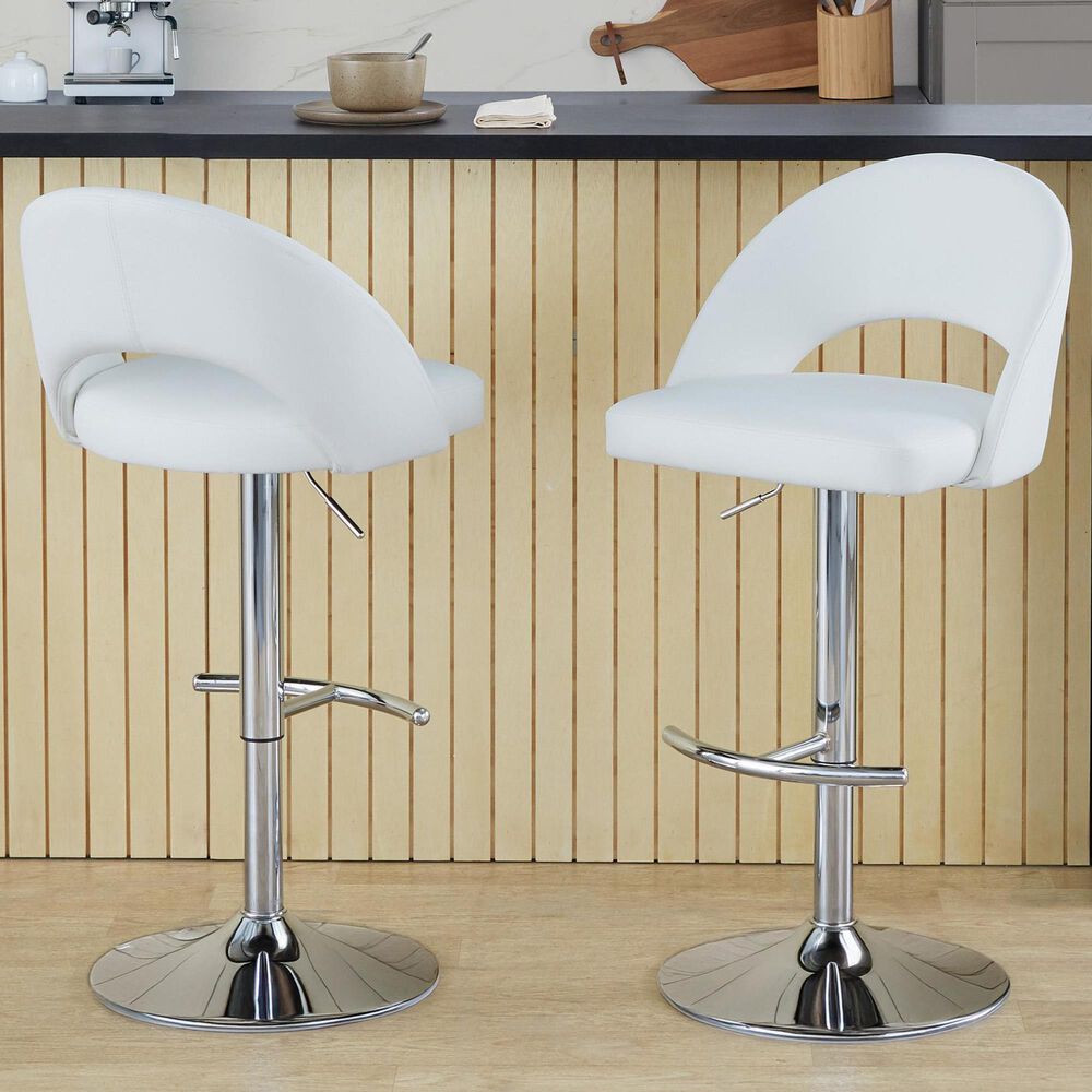 LumiSource Renee Adjustable Swivel Bar Stool with White Faux Leather Upholstery in Chrome (Set of 2), , large
