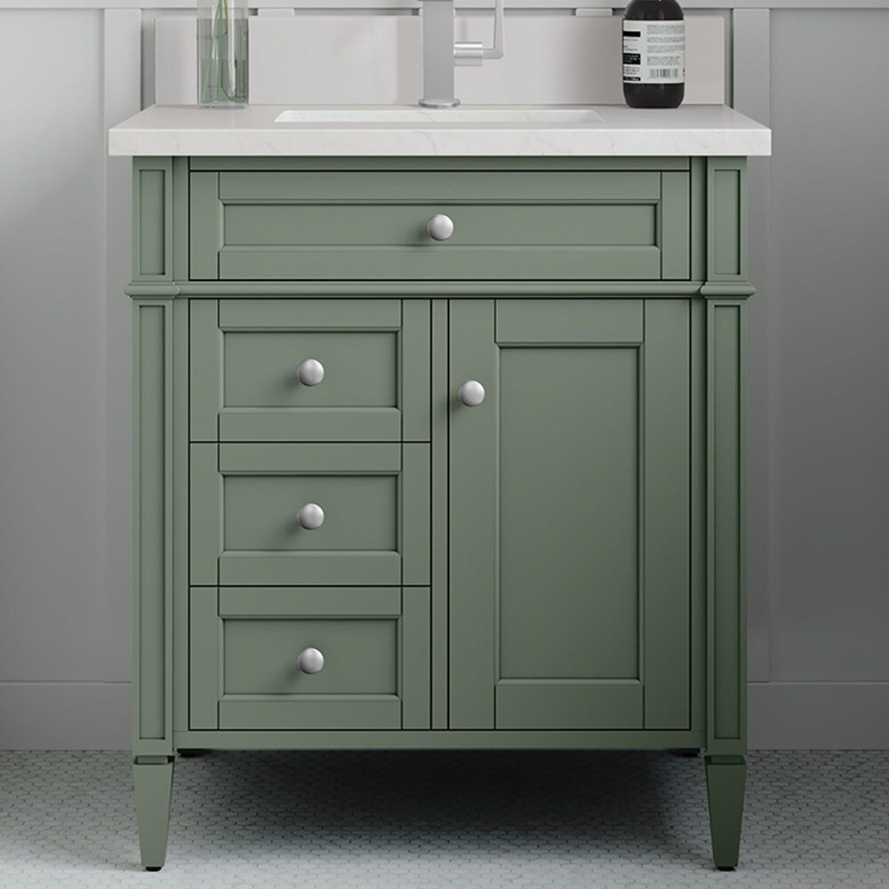 James Martin Vanities Brittany 30" Single Bathroom Vanity in Smokey Celadon with Single Hole 3 cm White Zeus Quartz Top and Rectangular Sink, , large