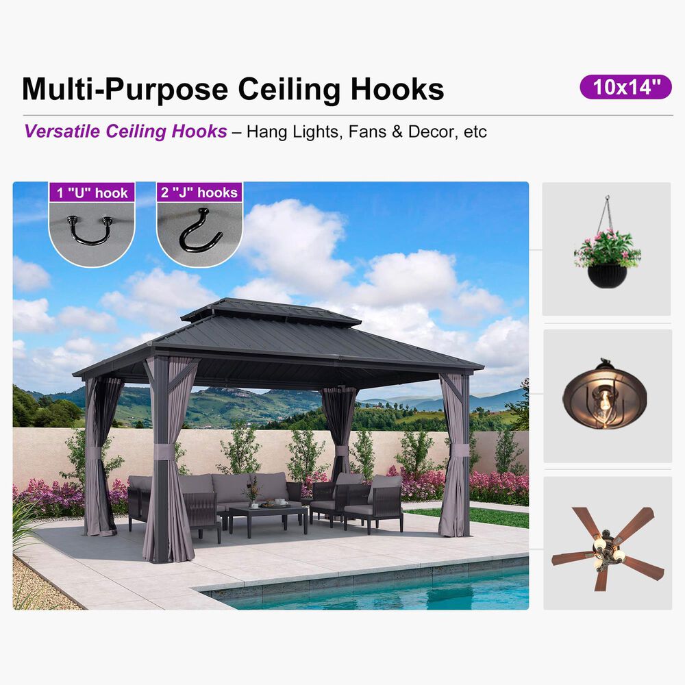 HOMLUX 10' x 14' Outdoor Hardtop Gazebo with Galvanized Steel Roof, Netting, and Curtains, Gray, , large