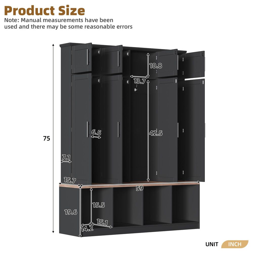 HOMLUX 4-Hook Hall Tree with 8-Door in Black and Walnut, , large