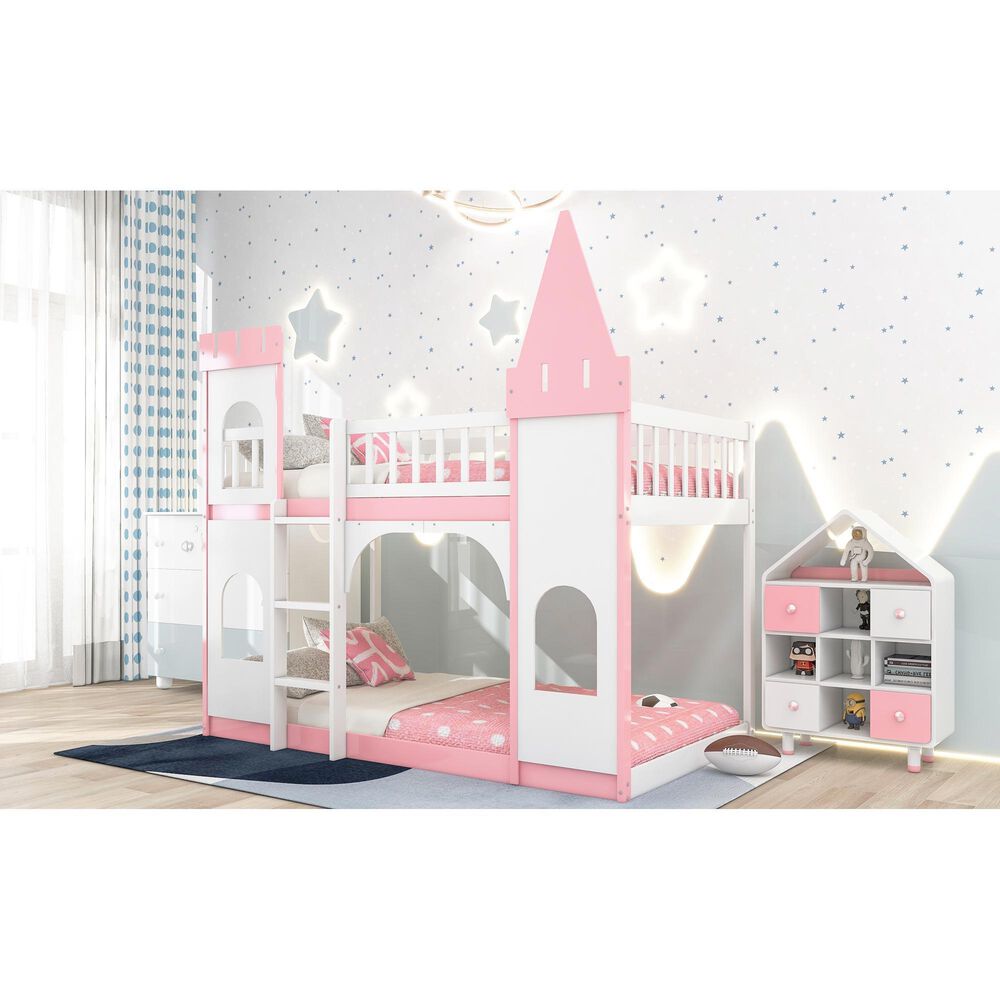 Hearth and Haven Twin over Twin Castle Bunk Bed in Pink, , large