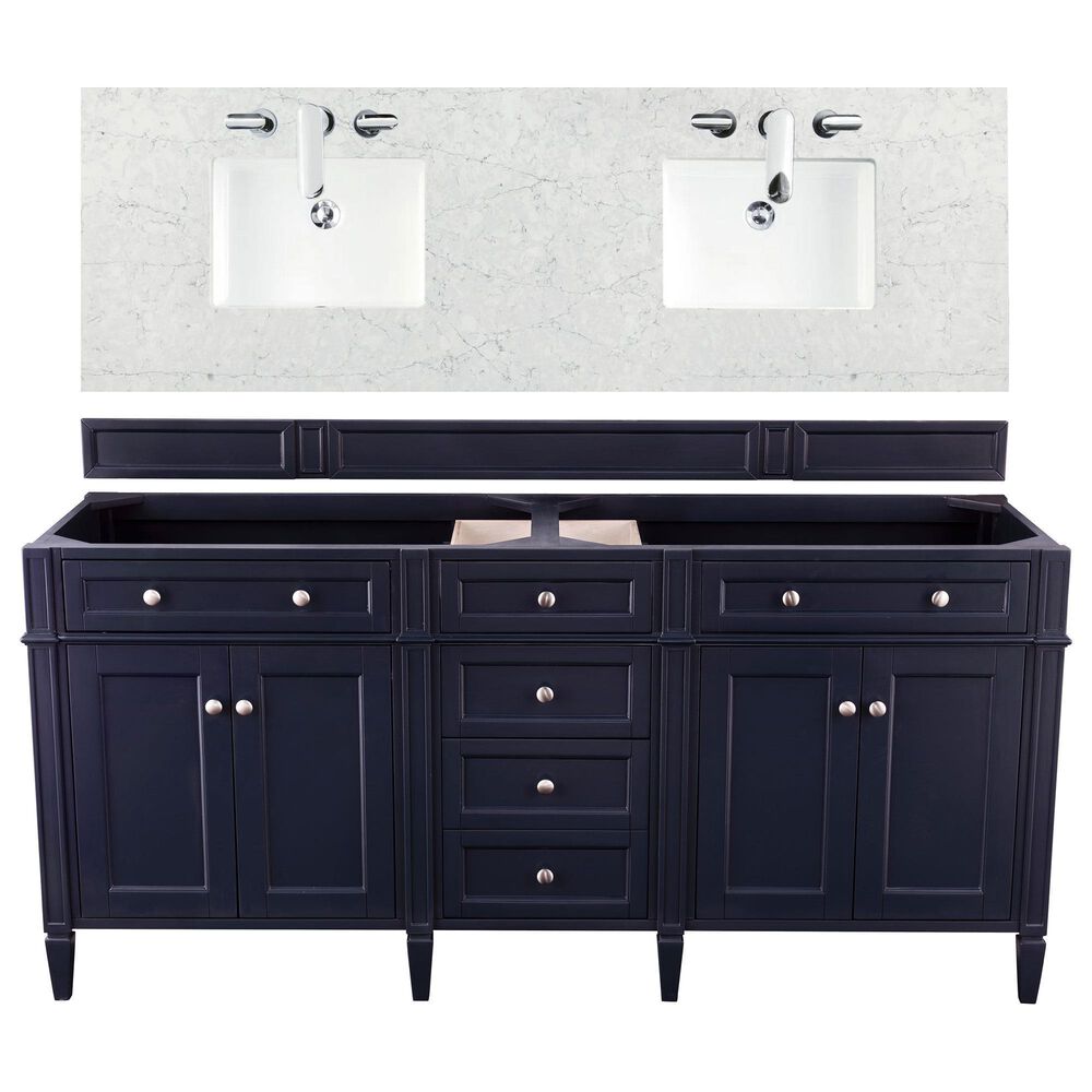 James Martin Vanities Brittany 72" Double Bathroom Vanity in Victory Blue with 3 cm Eternal Jasmine Pearl Quartz Top and Rectangle Sinks, , large