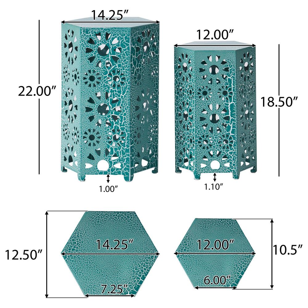 Hearth and Haven Eliana 2-Piece Outdoor Hexagon Metal Side Table Set with Sunburst Cut Out Design in Teal, , large
