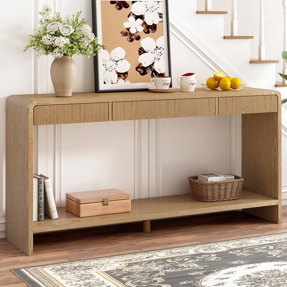 Hearth and Haven 3-Drawer Console Table with Open Shelf in Brown, , large