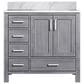 Lexora Home Jacques 36" Right Offset Single Bathroom Vanity in Distressed Grey with 2 cm White Carrara Marble Top and Rectangular Sink, , large