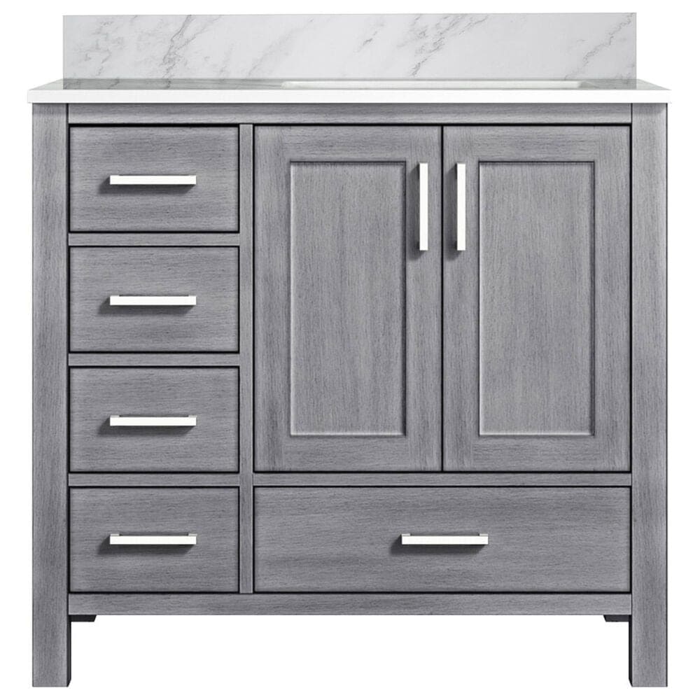 Lexora Home Jacques 36" Right Offset Single Bathroom Vanity in Distressed Grey with 2 cm White Carrara Marble Top and Rectangular Sink, , large
