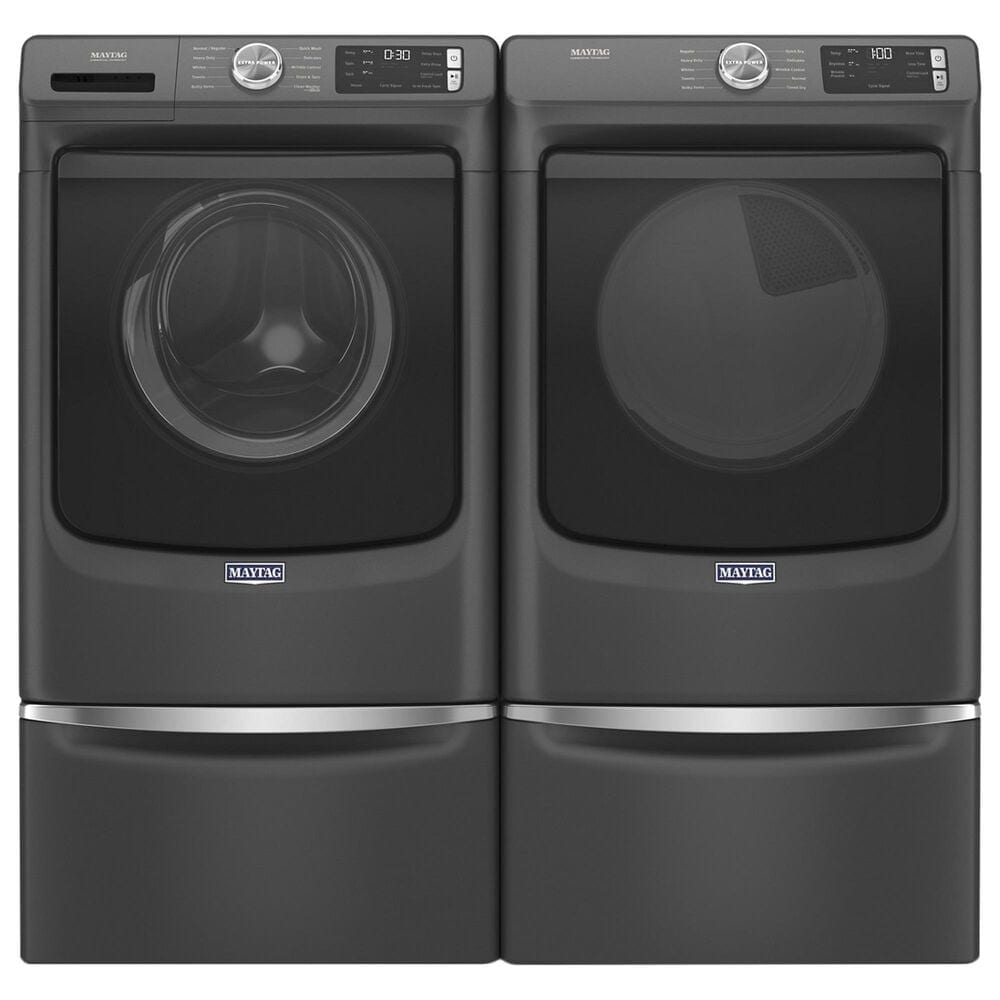 Maytag 4.5 Cu. Ft. Front Load Washer and 7.3 Cu.Ft. Gas Dryer Laundry Pair with Pedestal in Volcano Black, , large