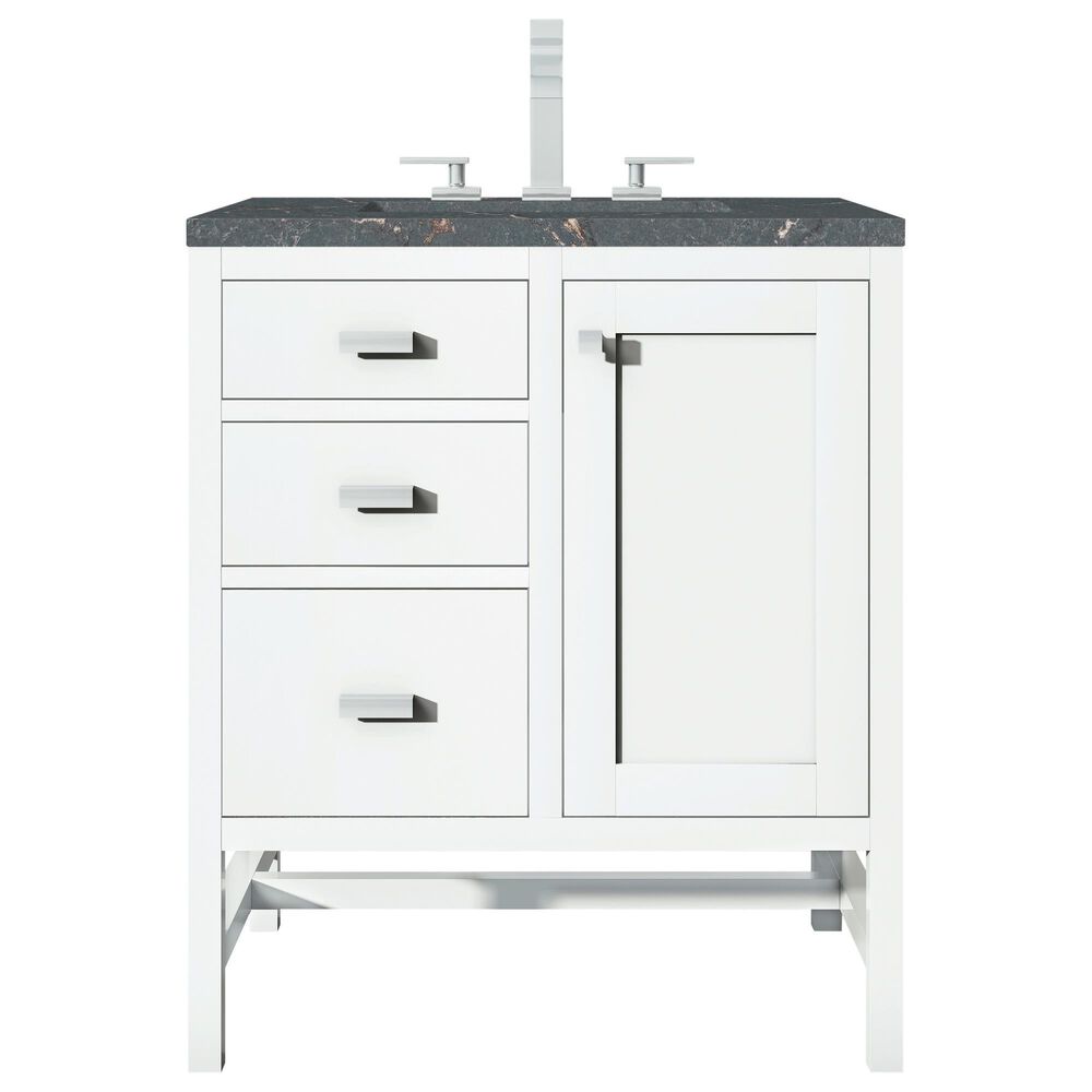 James Martin Vanities Addison 30" Single Bathroom Vanity in Glossy White with 3 cm Parisien Bleu Quartz Top and Rectangular Sink, , large