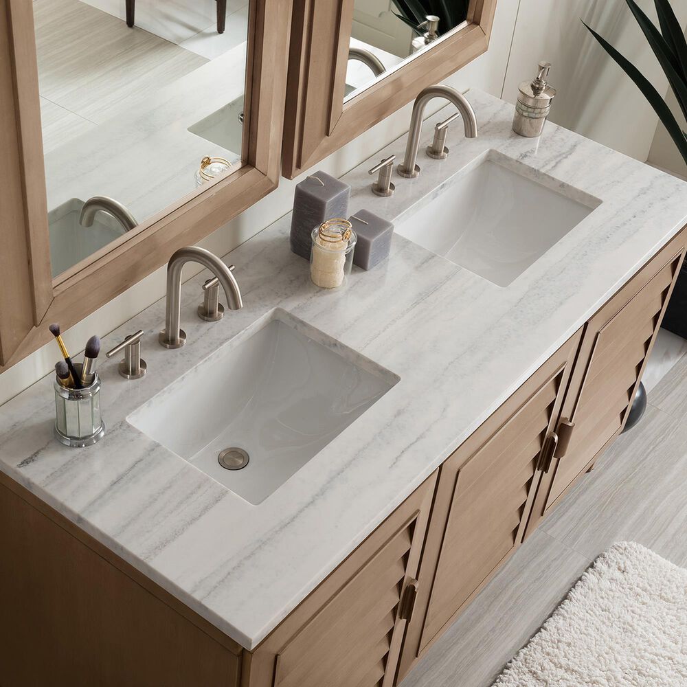 James Martin Vanities Portland 60&quot; Double Bathroom Vanity in Whitewashed Walnut with 3 cm Arctic Fall Solid Surface Top and Rectangular Sinks, , large