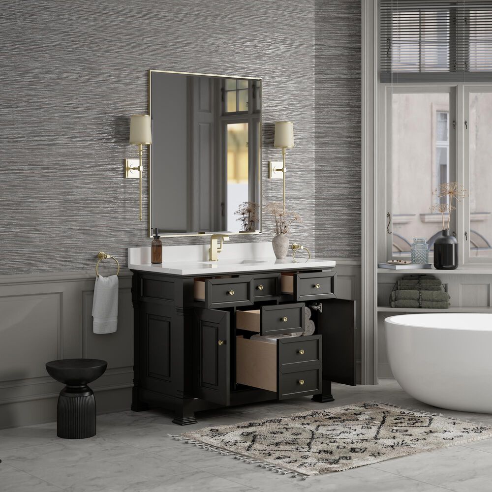 James Martin Vanities Brookfield 48" Single Bathroom Vanity in Black Onyx with Single Hole 3 cm White Zeus Quartz Top and Rectangular Sink, , large