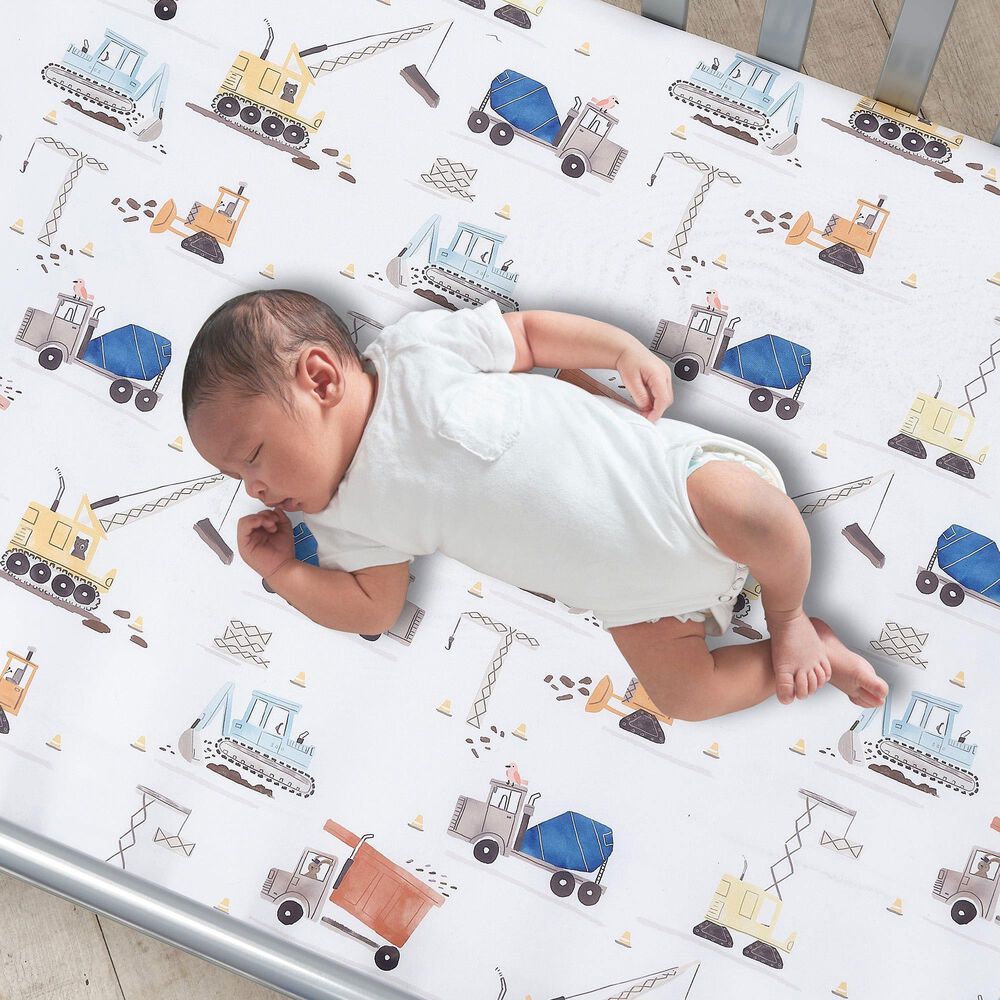 Lambs and Ivy Construction Zone Fitted Crib Sheet in Blue, Yellow, White and Red, , large