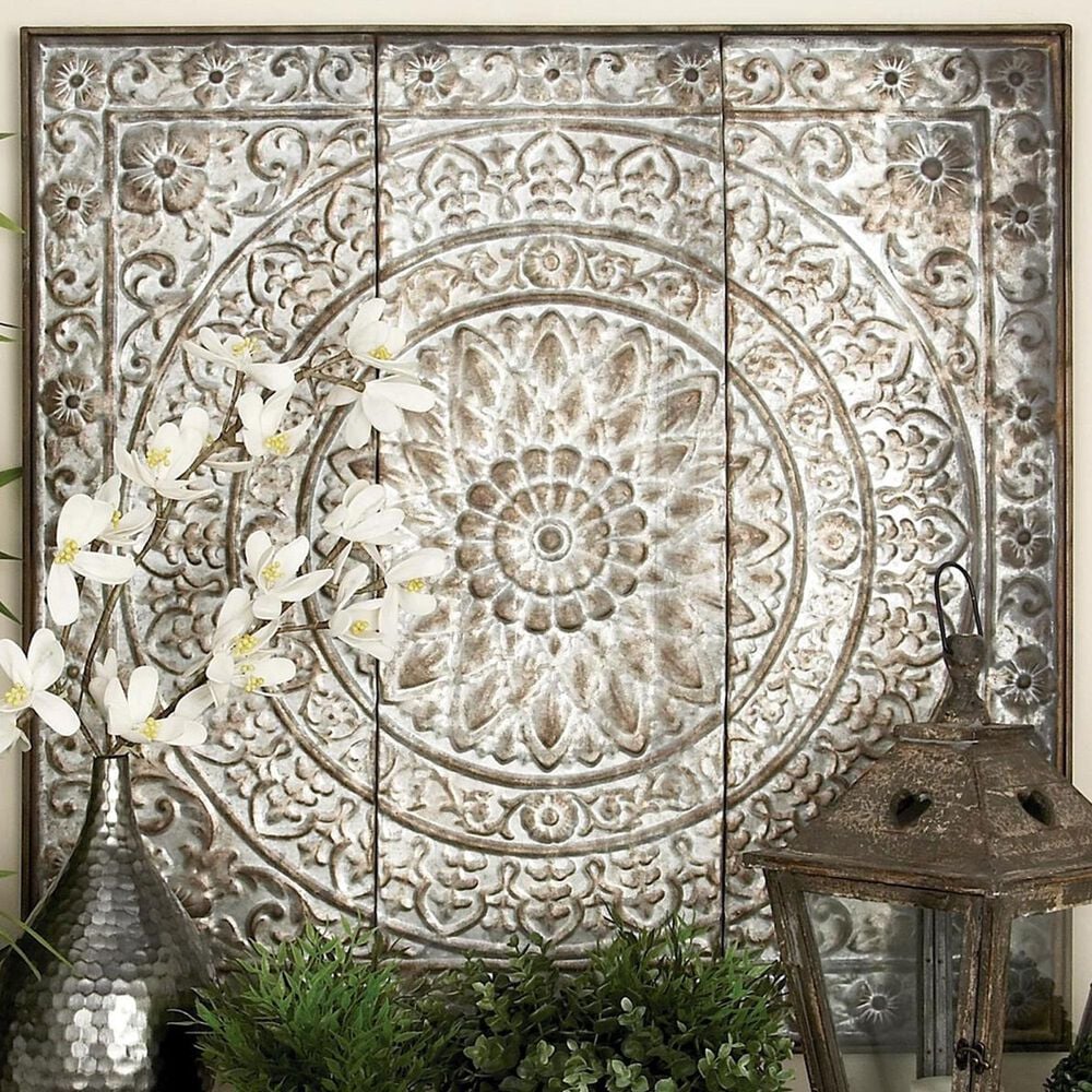 Maple and Jade 36&quot; x 36&quot; Square Embossed Floral Home Wall Decor in Weathered Gray and Dark Silver, , large
