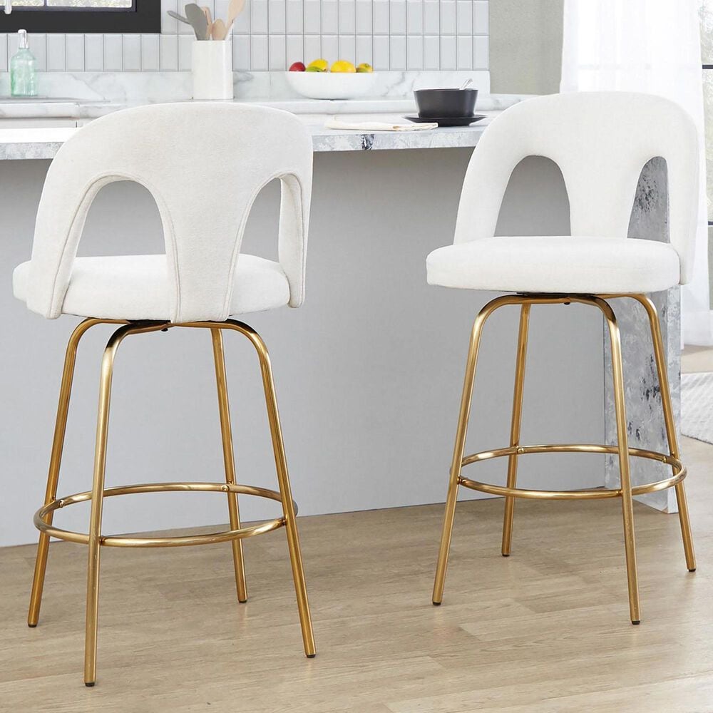 LumiSource Ava Swivel Counter Stool with Snow White Fabric Upholstery in Gold (Set of 2), , large