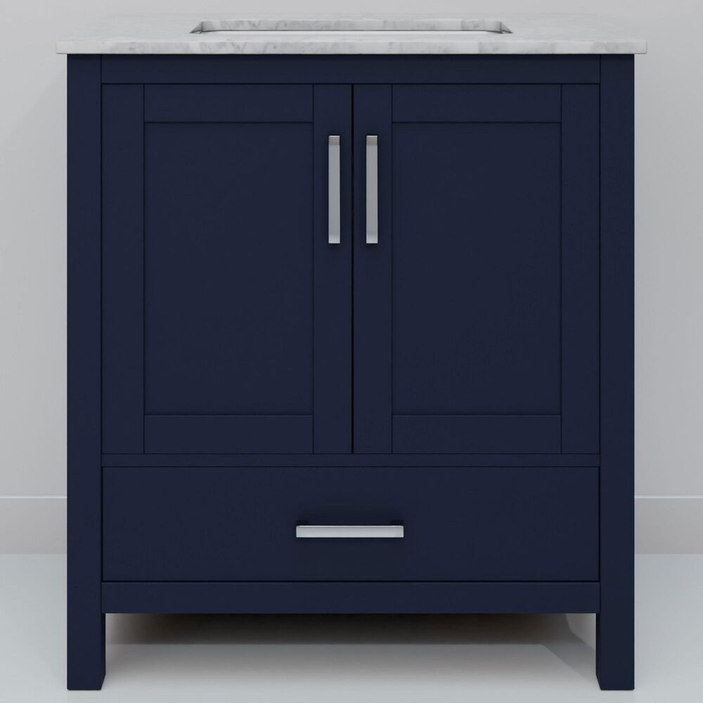 Lexora Home Jacques 30&quot; Single Bathroom Vanity in Navy Blue with 2 cm White Carrara Marble Top and Rectangular Sink, , large