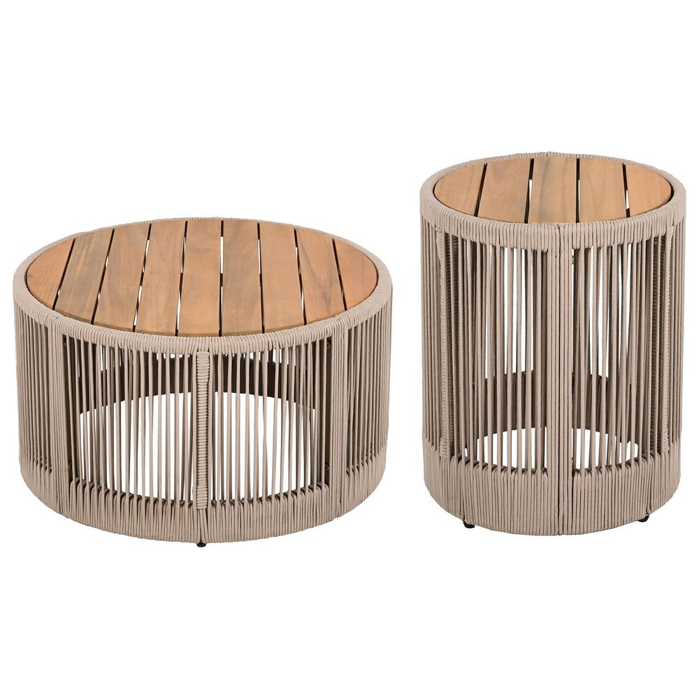 Hearth and Haven 2-Piece Outdoor Coffee Table and Side Table Set with Woven Rope Design in Beige and Teak, , large