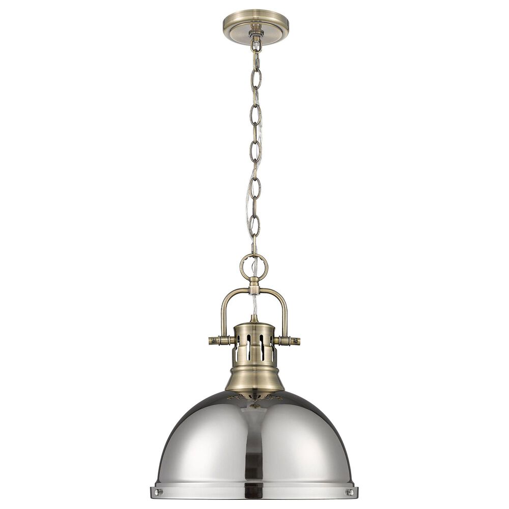 Golden Lighting Duncan 1-Light Pendant with Chain and Chrome Shade in Aged Brass, , large