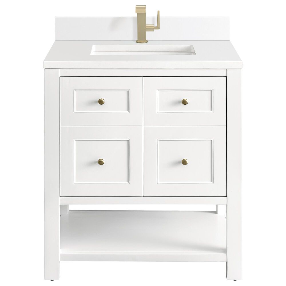 James Martin Vanities Breckenridge 30&quot; Single Bathroom Vanity in Bright White with Single Hole 3 cm White Zeus Quartz Top and Rectangular Sink, , large