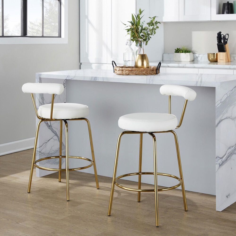 Lumisource Rhonda Swivel Counter Stool with White Cushion in Gold &#40;Set of 2&#41;, , large