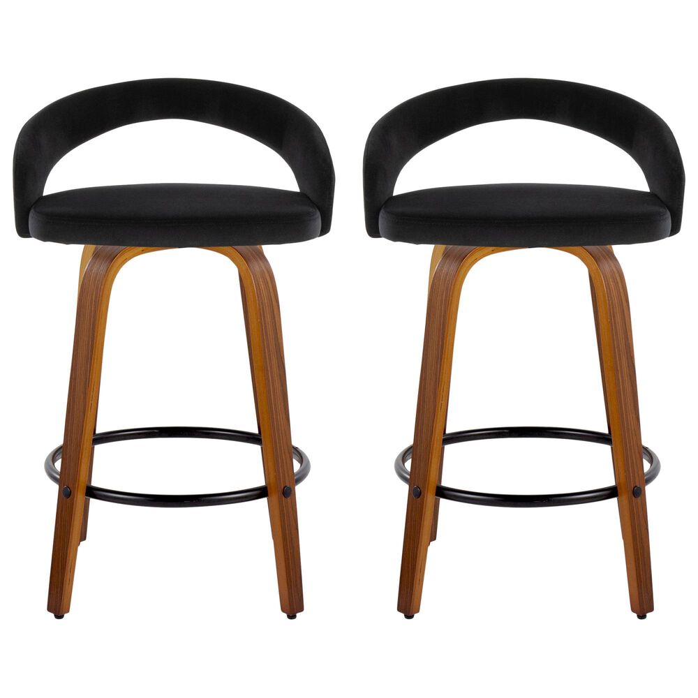 LumiSource Grotto Swivel Counter Stool with Black Velvet Upholstery in Walnut Wood and Black (Set of 2), , large