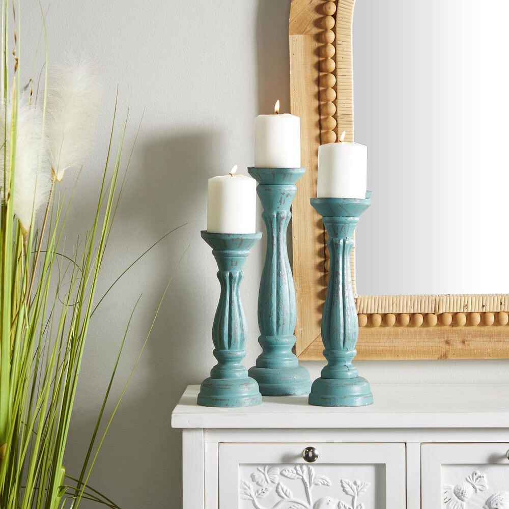 Maple and Jade Turned Pillar Decorative Candle Holder in Distressed Blue and Brown &#40;Set of 3&#41;, , large