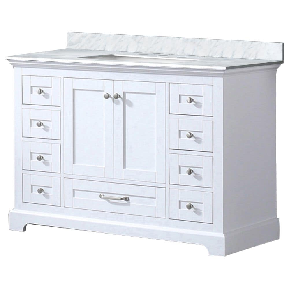 Lexora Home Dukes 48" Single Bathroom Vanity in White with 2 cm White Carrara Marble Top and Rectangular Sink, , large