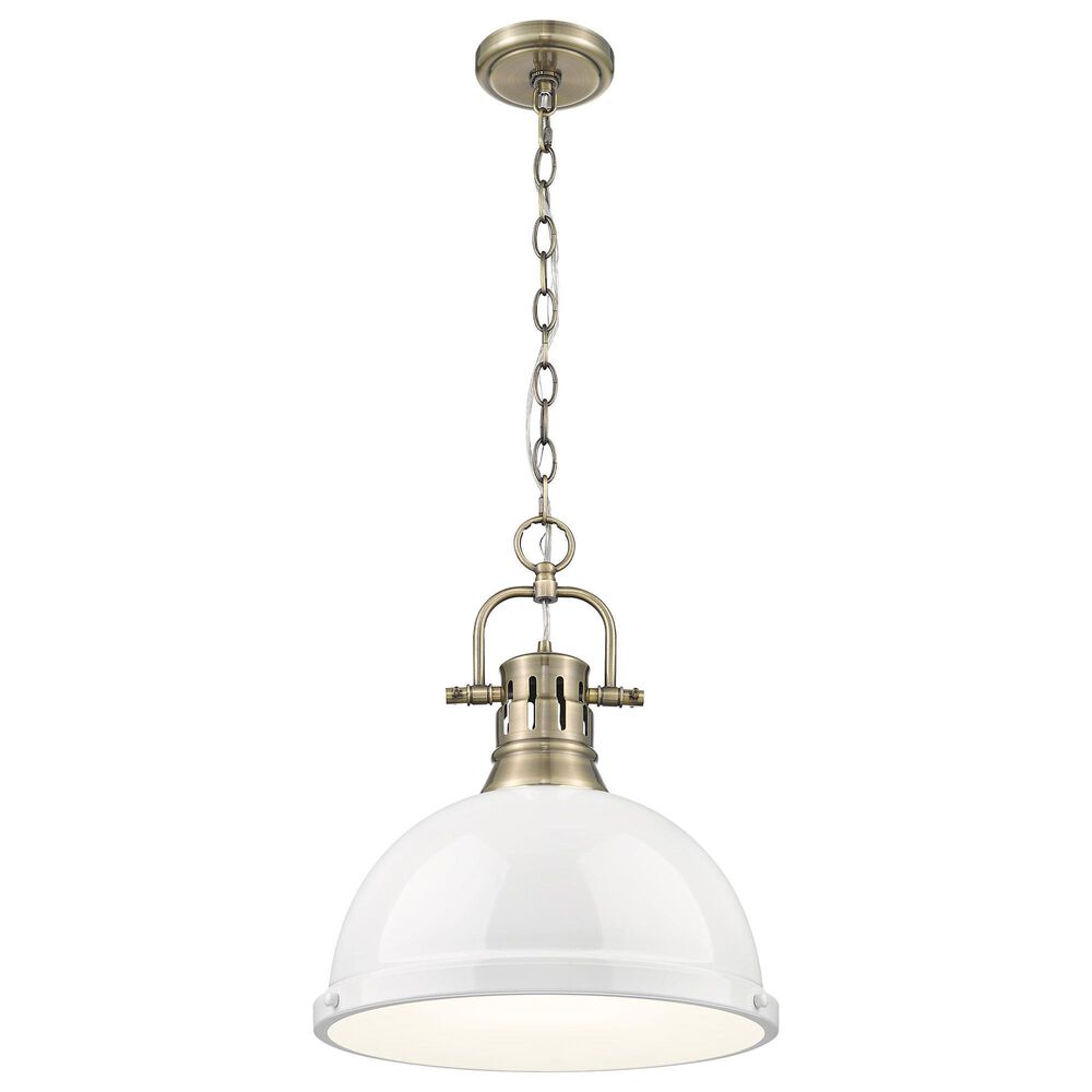 Golden Lighting Duncan 1-Light Pendant with Chain and White Shade in Aged Brass, , large