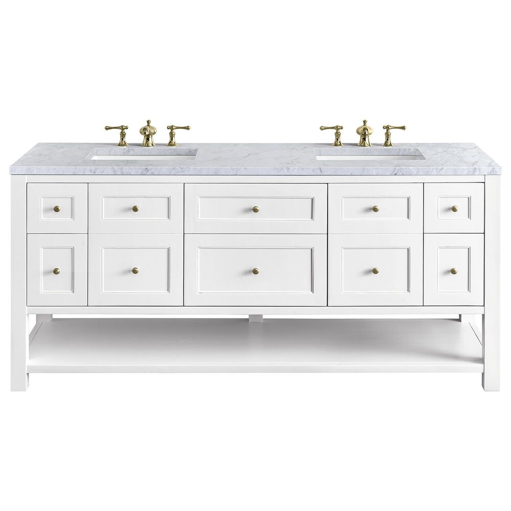 James Martin Vanities Breckenridge 72" Double Bathroom Vanity in Bright White with 3 cm Carrara White Marble Top and Rectangular Sinks, , large