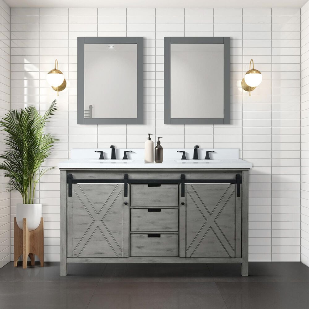 Lexora Home Marsyas 60&quot; Double Bathroom Vanity in Ash Grey with White Quartz Top and Rectangular Sinks, , large