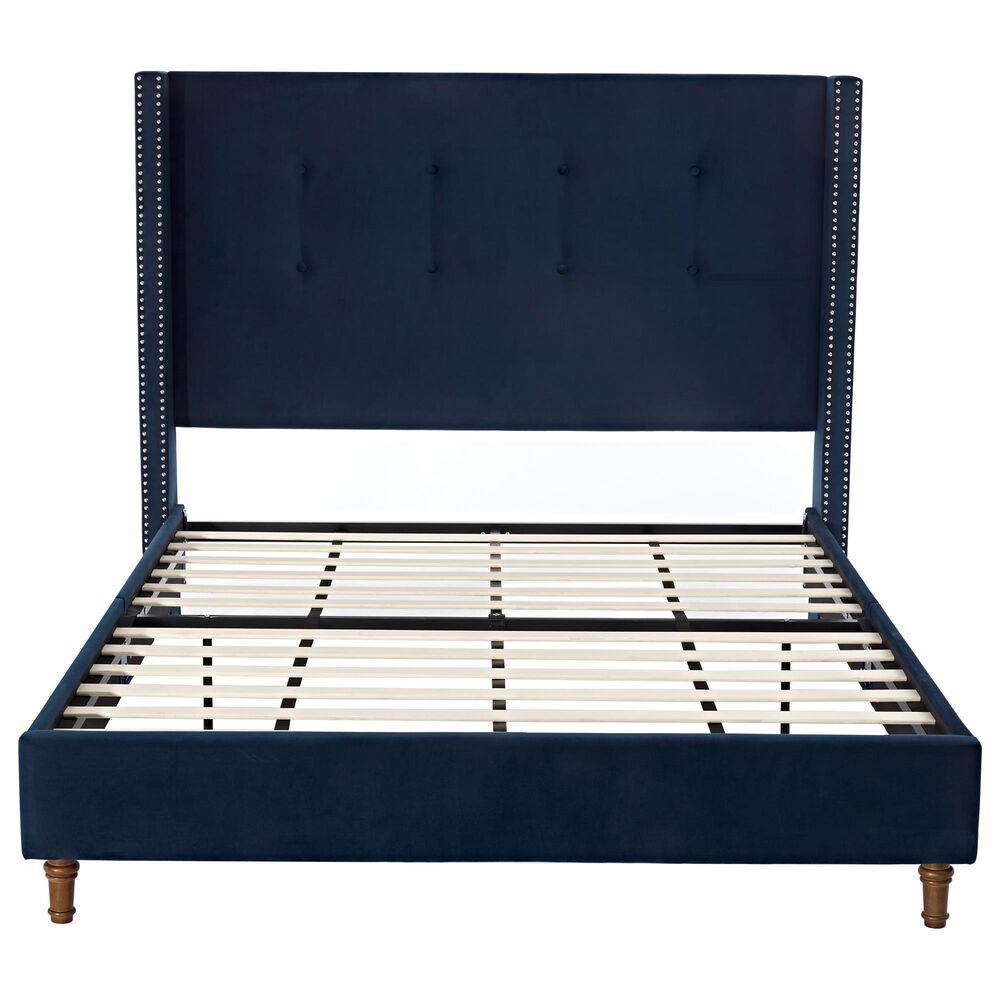 Hearth and Haven Peyton Queen Platform Bed with Blue Upholstery in Walnut, , large