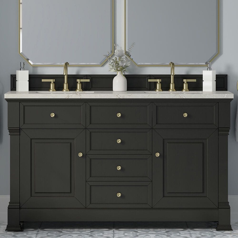 James Martin Vanities Brookfield 60&quot; Double Bathroom Vanity in Black Onyx with 3 cm Victorian Silver Quartz Top and Rectangular Sinks, , large